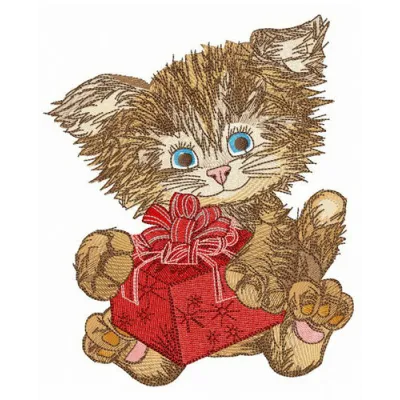 Charming embroidery design featuring a shaggy kitten, perfect for stitching on t-shirts or tote bags.