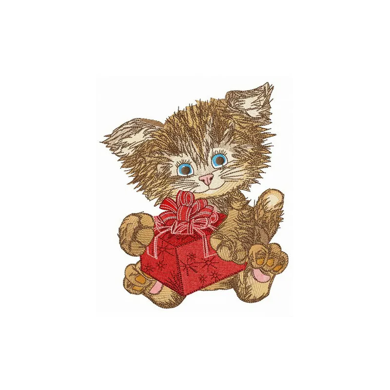 Charming embroidery design featuring a shaggy kitten, perfect for stitching on t-shirts or tote bags.