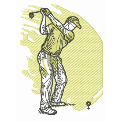 Embroidery design of a golfer striking a golf ball, perfect for stitching on caps, towels, or polo shirts.