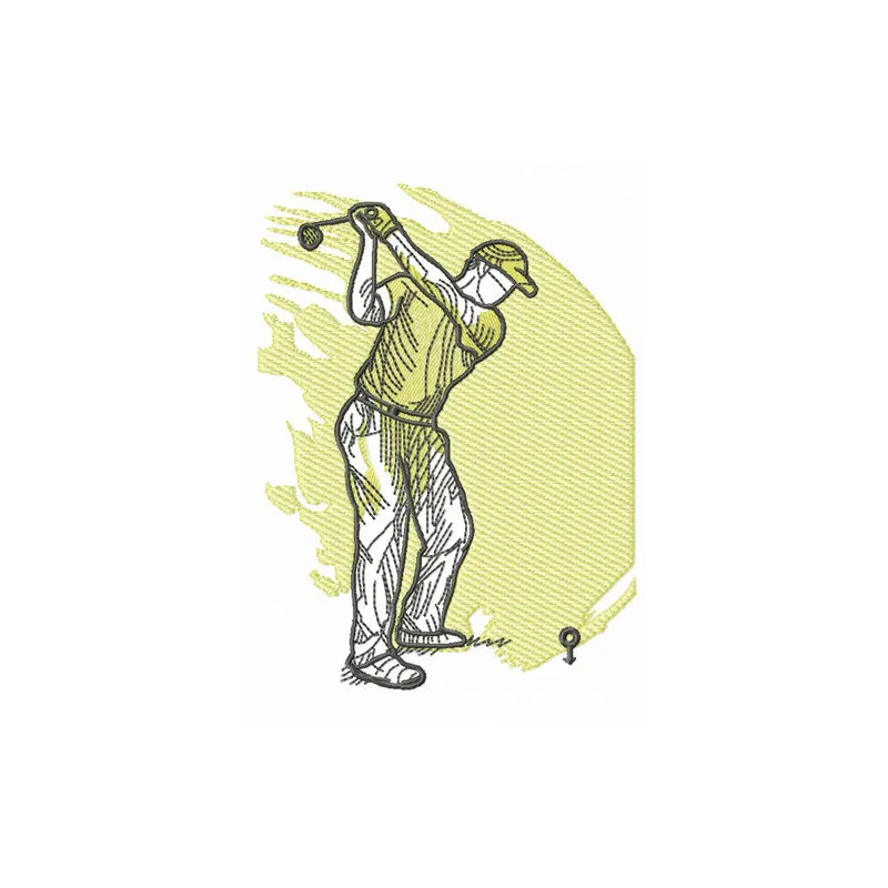 Embroidery design of a golfer striking a golf ball, perfect for stitching on caps, towels, or polo shirts.