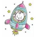 Space trip embroidery design featuring a teddy bear astronaut, perfect for kids' apparel and fun projects.