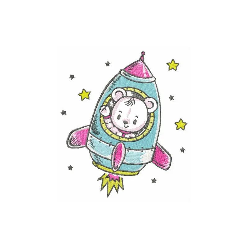 Space trip embroidery design featuring a teddy bear astronaut, perfect for kids' apparel and fun projects.