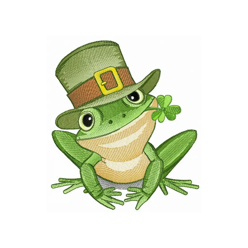 Irish frog embroidery design showcasing a whimsical frog motif ideal for stitching on t-shirts or tote bags.