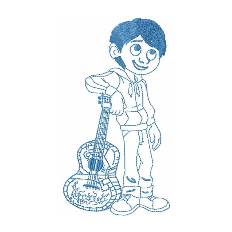 Miguel with guitar embroidery design showcasing vibrant colors and intricate stitching details for creative projects.