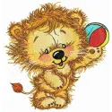 Lion's beach ball embroidery design featuring a playful lion with a colorful beach ball, ideal for summer projects.