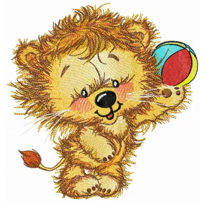 Lion's beach ball embroidery design featuring a playful lion with a colorful beach ball, ideal for summer projects.