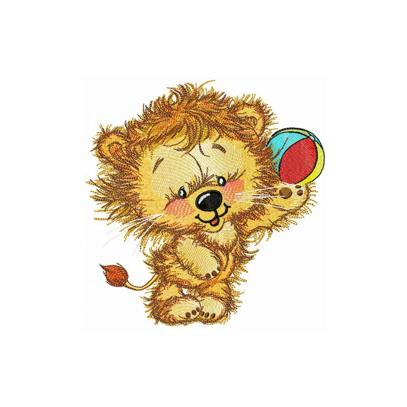 Lion's beach ball embroidery design featuring a playful lion with a colorful beach ball, ideal for summer projects.