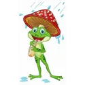Frog under amanita umbrella embroidery design showcasing a whimsical stitching pattern for various projects.
