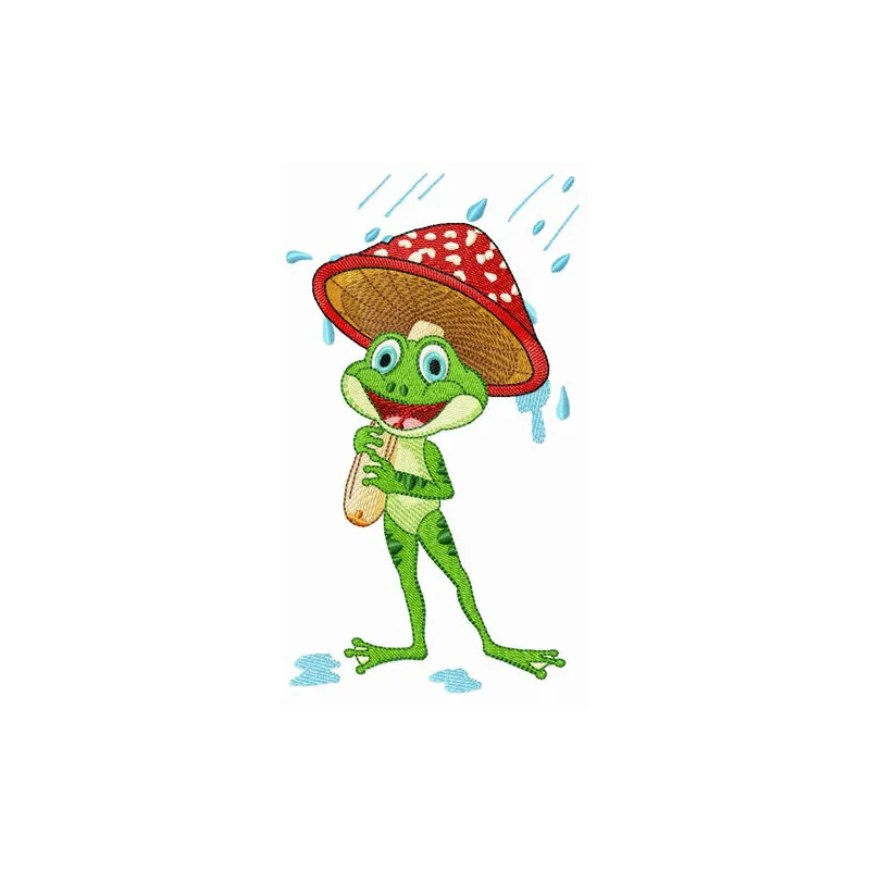 Frog under amanita umbrella embroidery design showcasing a whimsical stitching pattern for various projects.