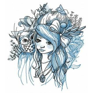 Teen with owl friend embroidery design - Embroidery Design