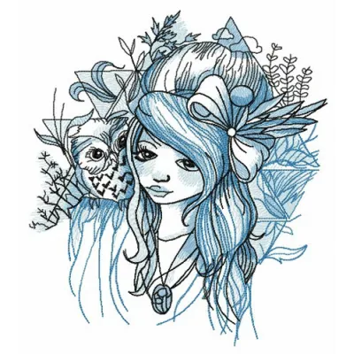 Embroidery design featuring a teen girl with her owl friend, perfect for crafting unique apparel and accessories.