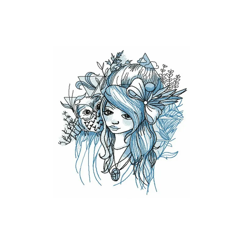Embroidery design featuring a teen girl with her owl friend, perfect for crafting unique apparel and accessories.