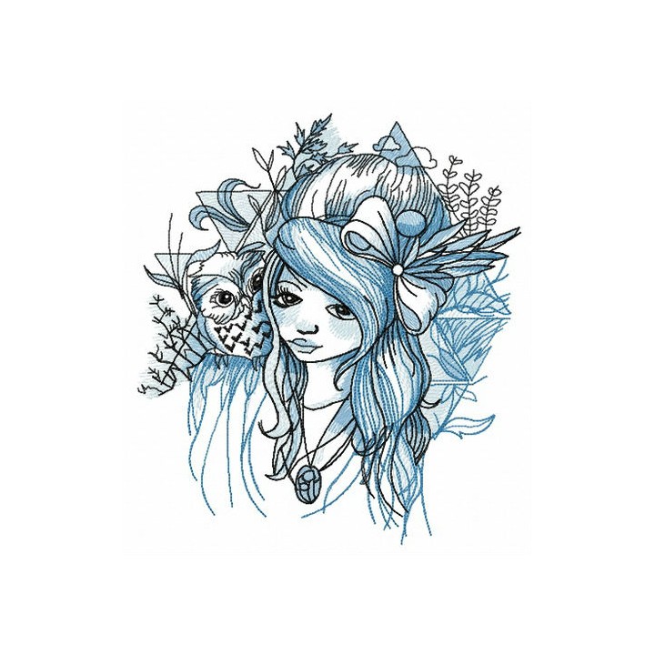 Teen with owl friend embroidery design - Embroidery Design