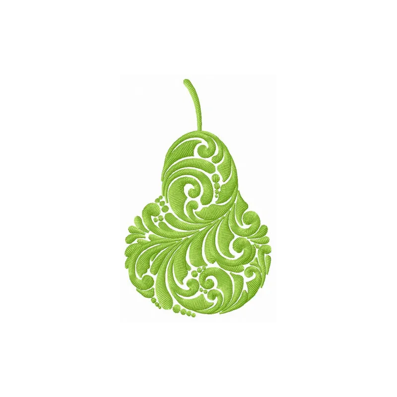 Preview of a green pear embroidery design featuring detailed stitching for creative projects.