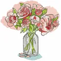 Roses in a glass vase embroidery design featuring vibrant floral motifs, perfect for embellishing home decor.