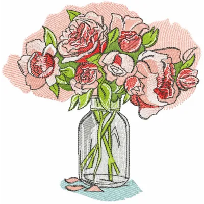 Roses in a glass vase embroidery design featuring vibrant floral motifs, perfect for embellishing home decor.