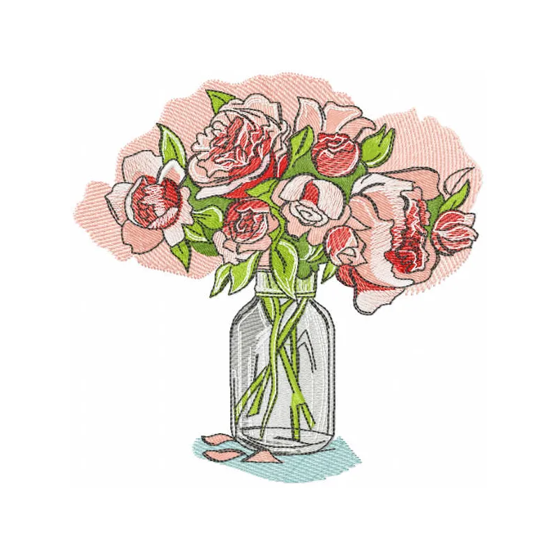 Roses in a glass vase embroidery design featuring vibrant floral motifs, perfect for embellishing home decor.