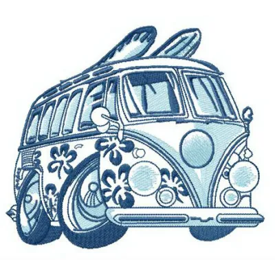 Hawaiian van embroidery design showcasing a vibrant and playful stitched motif for car enthusiasts.