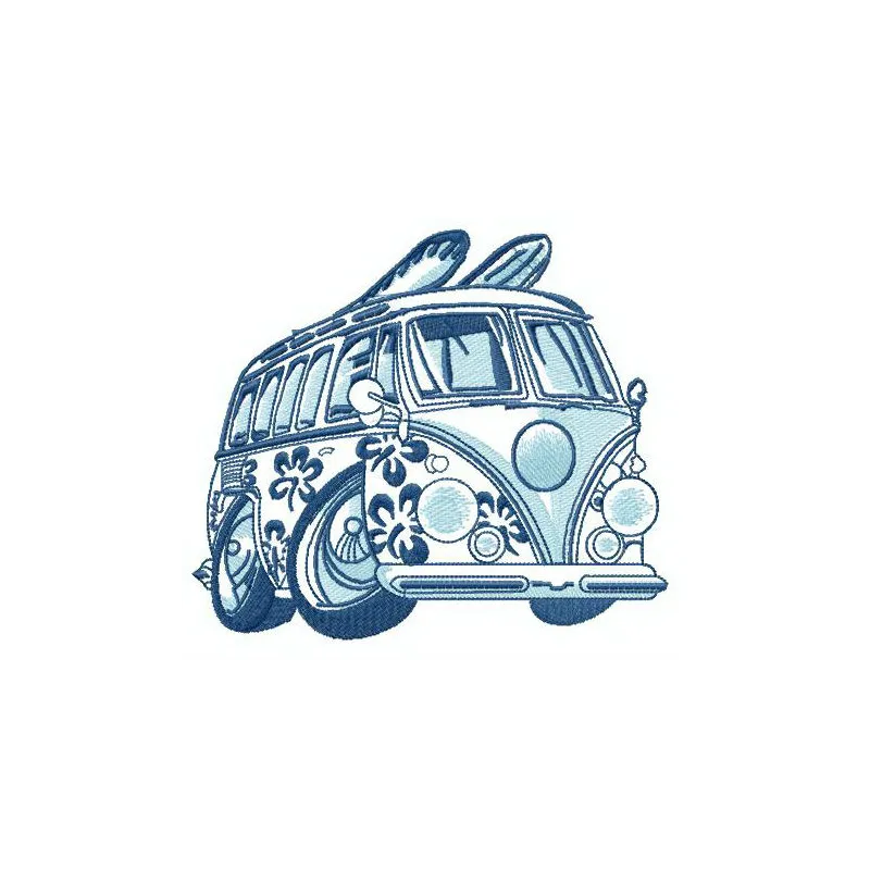 Hawaiian van embroidery design showcasing a vibrant and playful stitched motif for car enthusiasts.