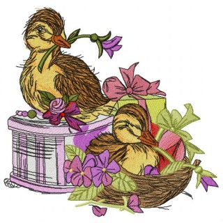 Ducklings with violets embroidery design - Embroidery Design