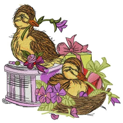 Embroidery design of adorable ducklings surrounded by violets, perfect for stitching on baby items or home decor.