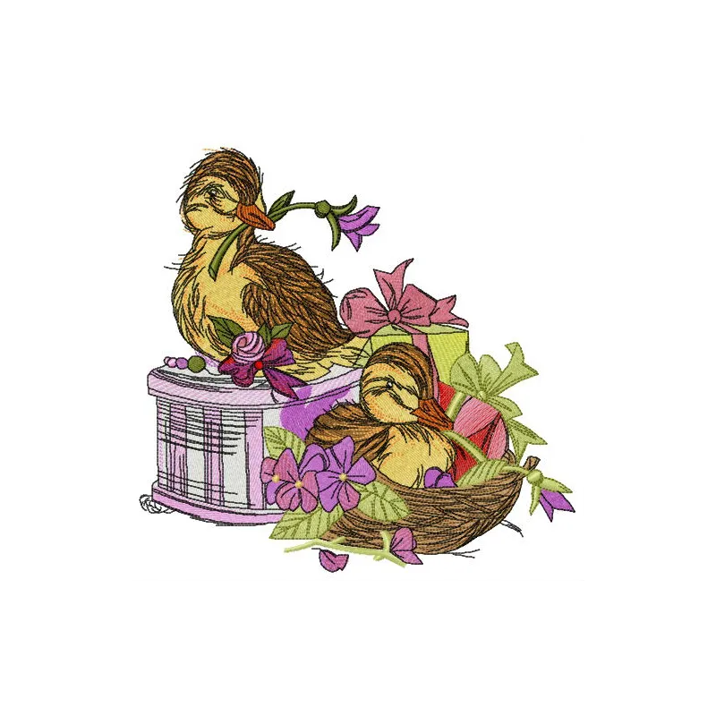 Embroidery design of adorable ducklings surrounded by violets, perfect for stitching on baby items or home decor.