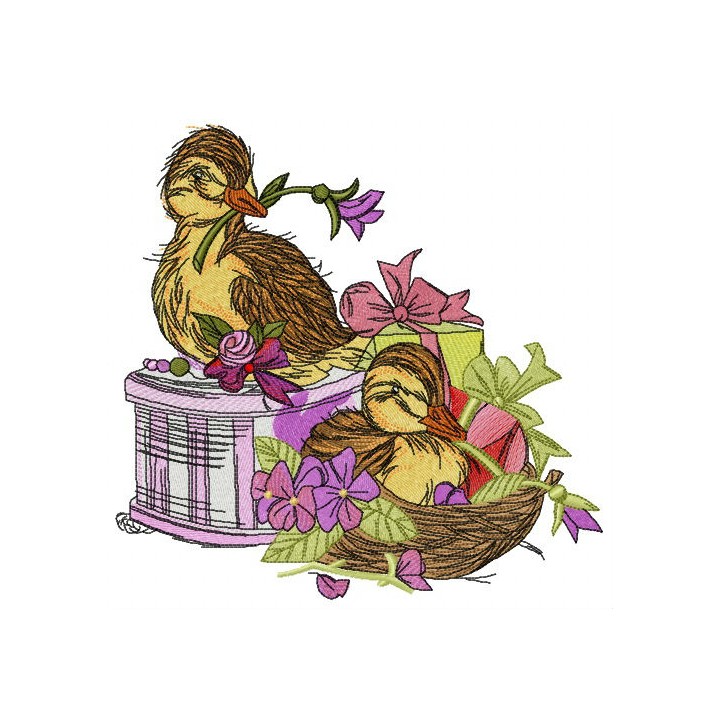 Ducklings with violets embroidery design - Embroidery Design