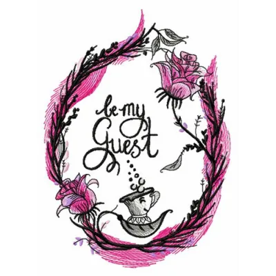 Preview of 'Be My Guest' embroidery design featuring a charming kitchen-themed motif for home decor.