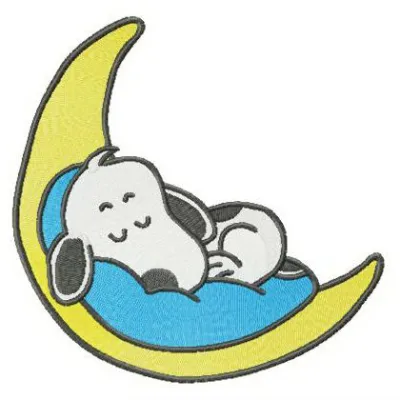 Sweet dreams on the moon embroidery design featuring Snoopy, perfect for stitching on blankets or baby onesies.