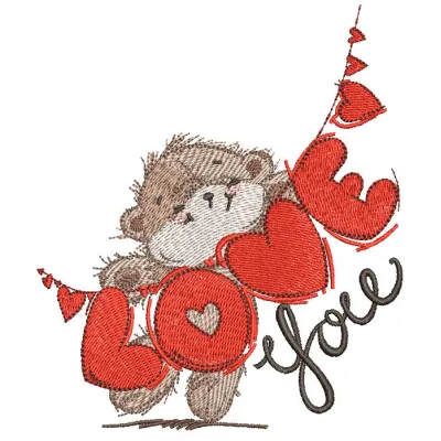 Preview of a Bear with LOVE garland embroidery design, showcasing a charming teddy bear with a decorative garland.