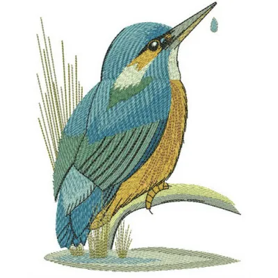 Embroidery design of a kingfisher near a serene lake, showcasing vibrant colors and intricate details.