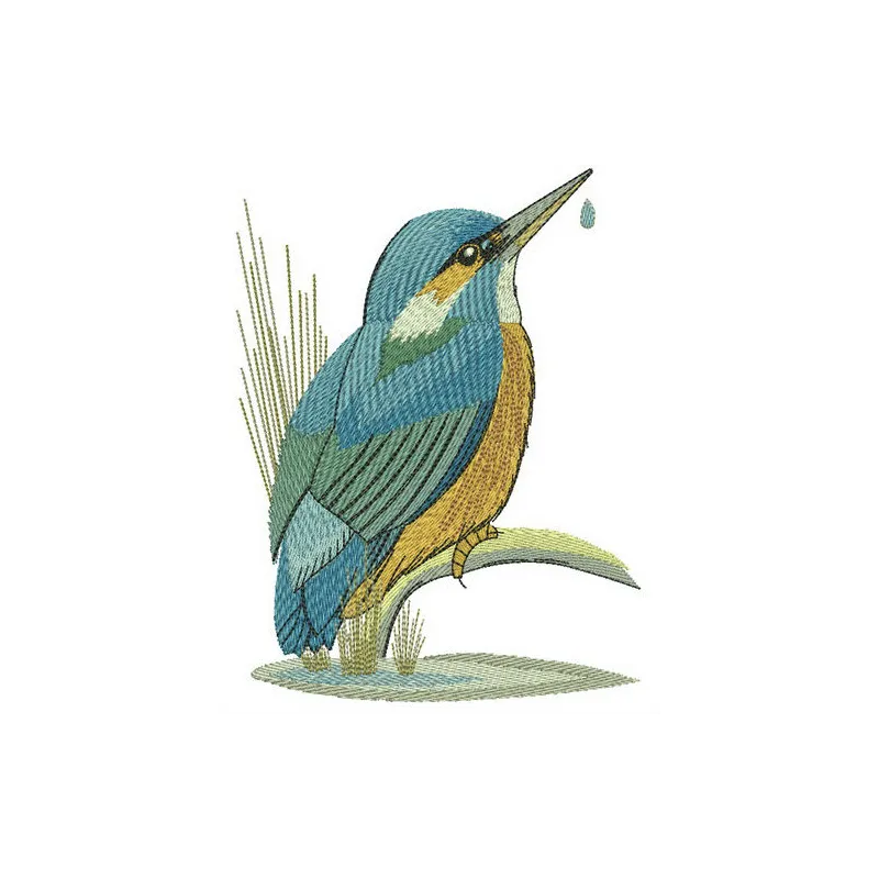 Embroidery design of a kingfisher near a serene lake, showcasing vibrant colors and intricate details.