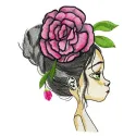 Embroidery design featuring a teen girl adorned with a large peony hair decoration, ideal for creative stitching projects.