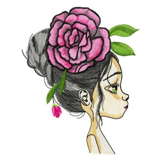 Teen with huge peony hair decoration embroidery design - Embroidery Design