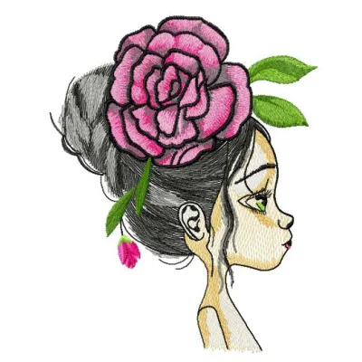 Embroidery design featuring a teen girl adorned with a large peony hair decoration, ideal for creative stitching projects.
