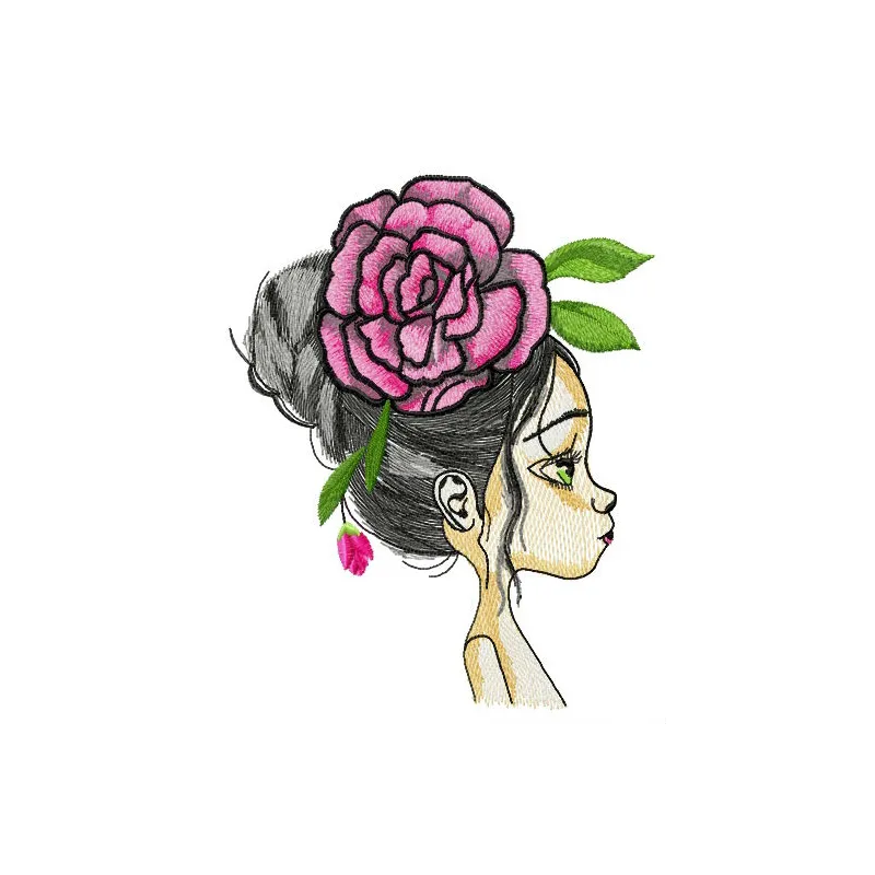 Embroidery design featuring a teen girl adorned with a large peony hair decoration, ideal for creative stitching projects.
