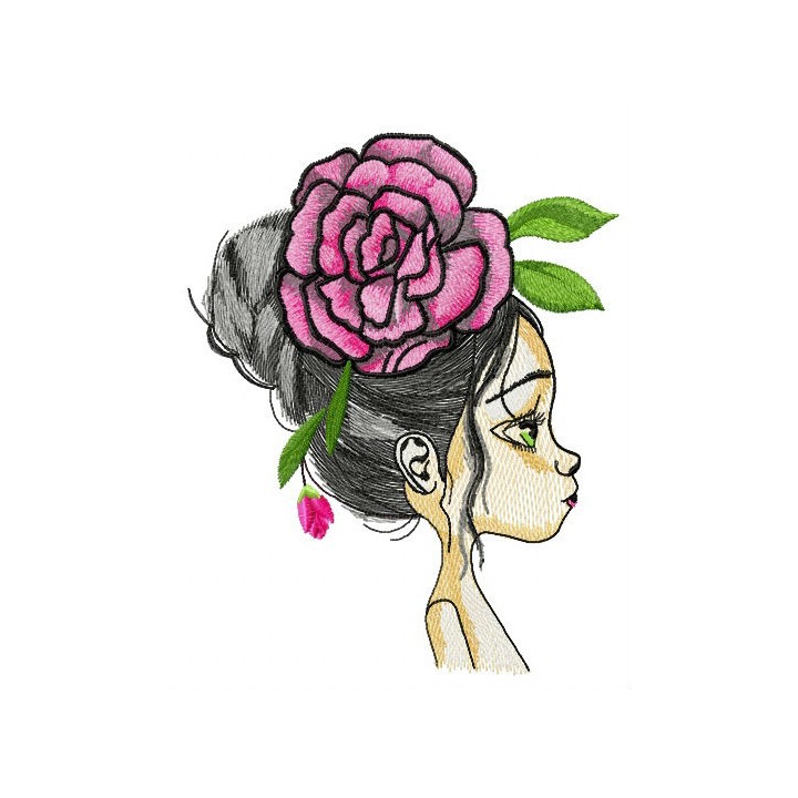 Teen with huge peony hair decoration embroidery design - Embroidery Design