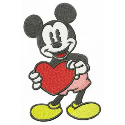 Mickey Mouse holding a large Valentine card embroidery design for creative stitching projects.