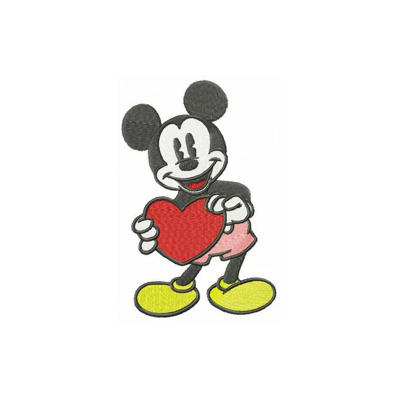 Mickey Mouse holding a large Valentine card embroidery design for creative stitching projects.