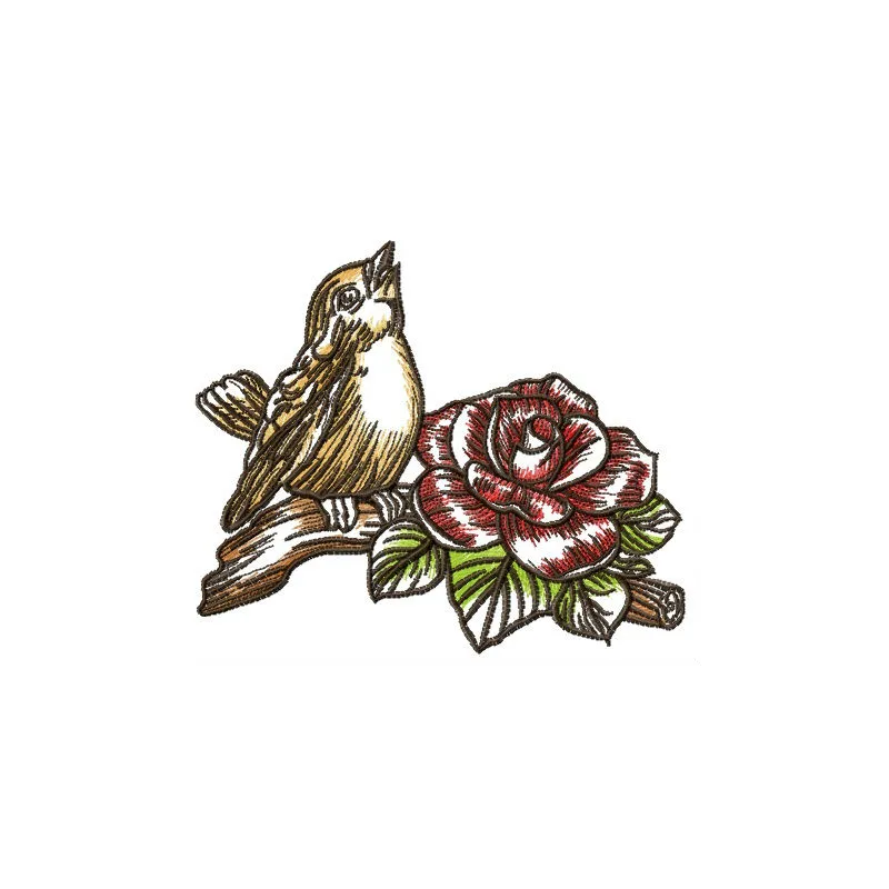 Singing sparrow embroidery design showcasing a charming bird motif, perfect for embellishing various fabric projects.