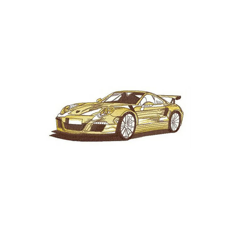 Racing car embroidery design showcasing a dynamic vehicle motif, ideal for stitching on apparel and accessories.