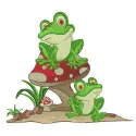 Frog's party embroidery design showcasing a cheerful frog surrounded by festive elements for playful stitching projects.