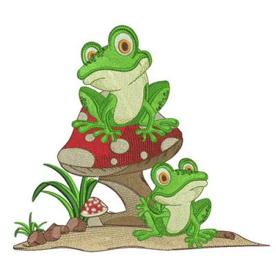 Frog's party embroidery design showcasing a cheerful frog surrounded by festive elements for playful stitching projects.