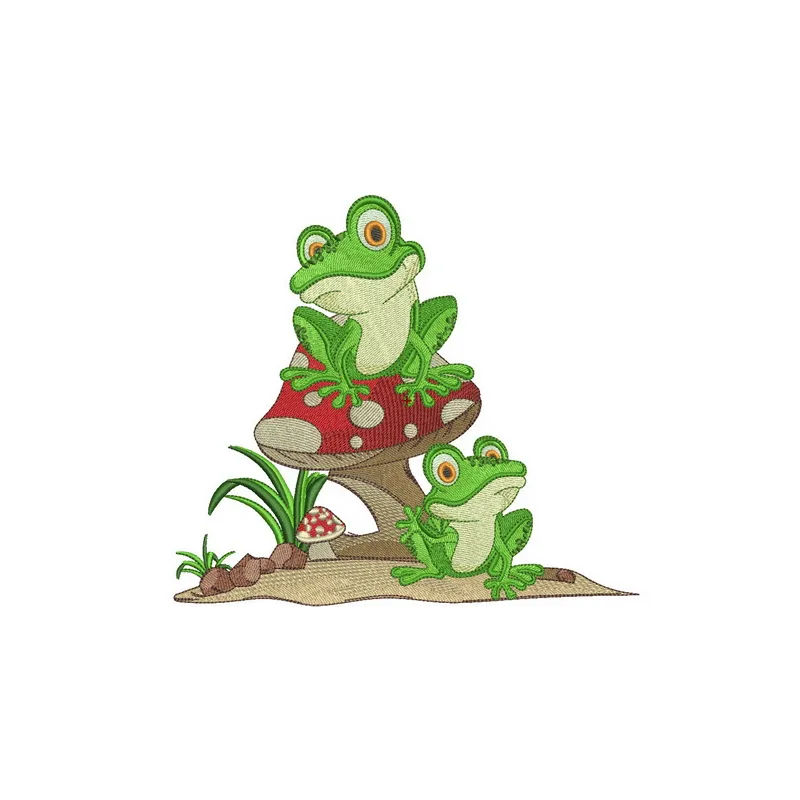 Frog's party embroidery design showcasing a cheerful frog surrounded by festive elements for playful stitching projects.