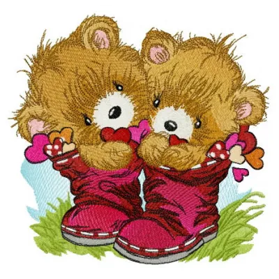 Teddy bears in colorful boots embroidery design, showcasing playful stitched motifs for creative projects.