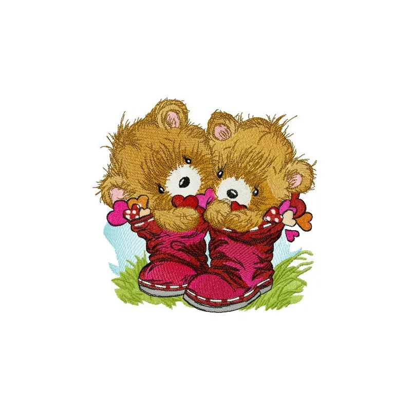 Teddy bears in colorful boots embroidery design, showcasing playful stitched motifs for creative projects.