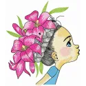 Embroidery design featuring a girl adorned with a beautiful wreath of lilies, ideal for various textile projects.