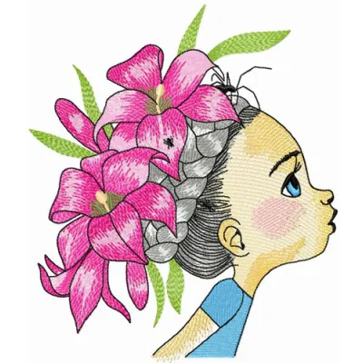 Embroidery design featuring a girl adorned with a beautiful wreath of lilies, ideal for various textile projects.