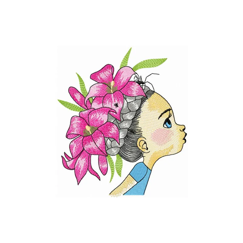 Embroidery design featuring a girl adorned with a beautiful wreath of lilies, ideal for various textile projects.