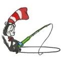 Embroidery design featuring Cat in the Hat fishing, perfect for stitching on t-shirts or tote bags.
